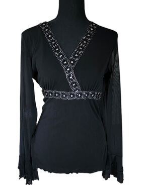 Whimsygoth Fairycore Mesh Black Beaded Blouse Sz M
